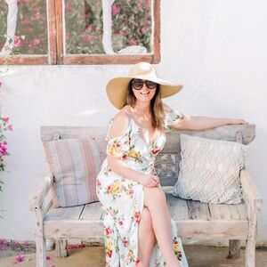 Blue Floral faux wrap cold-shoulder high/low dress